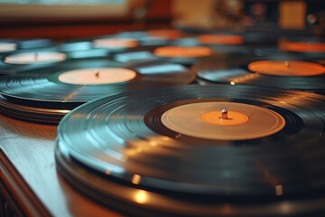 A collection of vinyl records spinning on a turntable, infusing the room with the warm tones of...