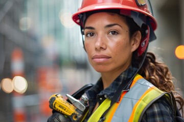 A confident female construction worker sports a hard helmet and reflective gear at a work site - Powered by Adobe