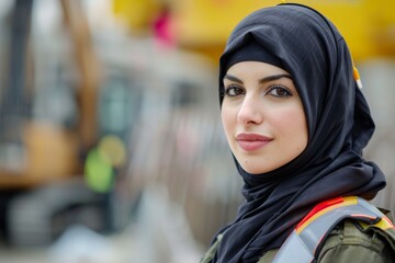 Confident female Muslim engineer smiling in a hijab and reflective vest