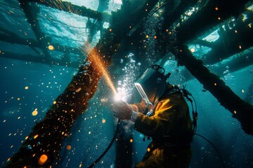 Naklejka premium Commercial diver using welding torch under water surrounded by beautiful oceanic environment and artificial light