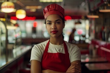 Confident woman waitress posing in a diner with red and white uniform and cap