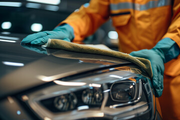 Professional Car Detailing and Polishing. A detail-oriented professional meticulously cleaning and polishing a car's hood, ensuring a spotless finish.