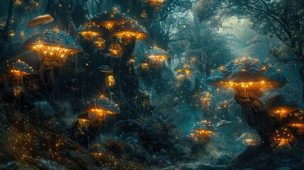 Naklejka na ściany i meble Bioluminescent Fungi Forest Trail Leading to a Mysterious Wish-Granting Creature