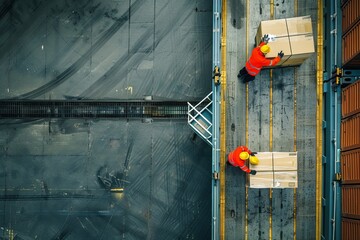 A vivid aerial photograph of dock workers in high-visibility vests loading cargo boxes on a shipping container platform