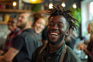 Joyful young man with dreadlocks laughing in a lively coffeehouse setting