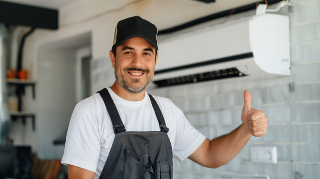 Friendly Technician Giving Thumbs Up After Service. A smiling technician wearing a cap and apron gives a thumbs up, signaling successful installation or repair in a modern kitchen.