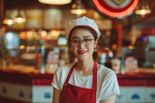 Smiling Asian waitress in a red apron at a retro-styled diner with neon signs