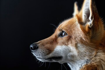 Red fox hunting labrador in studio looking to the right, isolated background and copy space - generative ai