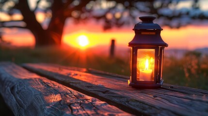 A lit candle sitting on a wooden bench at sunset, AI