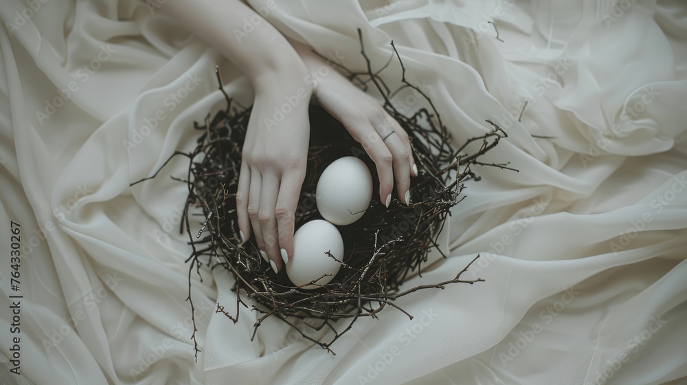 Poster a close up of a person's hands holding two eggs in a nest on a white sheet with twigs.
