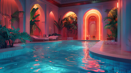hollywood Regency style indoor swimming pool Indian - obrazy, fototapety, plakaty