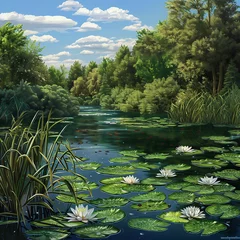 Foto auf Leinwand Landscape with pond and water lilies. Nature background. Vector illustration. © Soeren
