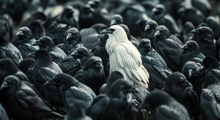 A white raven alone among a crowd of black crows.