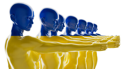 Linear Array of Figures Infused with the Colors of Ukraine's Flag - 764330466