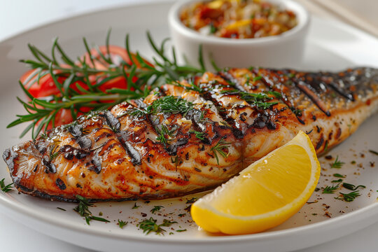 delicious grilled salmon with lemon and a vibrant vegetable sauce, presented on a rustic white ceramic background