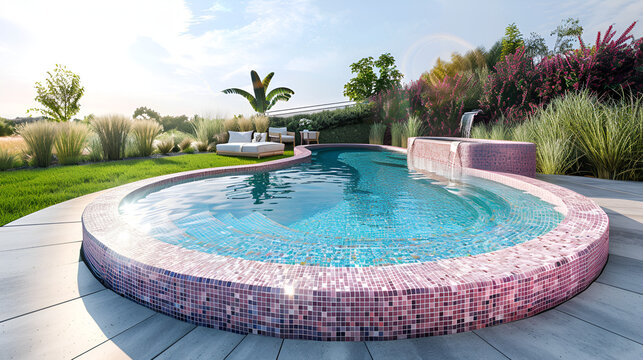 in-ground pool with pink tiles and small grass garden
