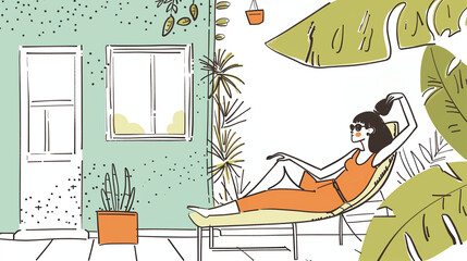 A drawing of a woman reclining on a lounge chair outdoors, relaxing in a leisurely position