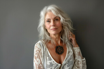 Elegant Senior Woman with Silver Hair Posing Thoughtfully in a Timeless Portrait - obrazy, fototapety, plakaty
