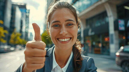 Happy businesswoman showing thumbs up. Beautiful cheerful young businesswoman showing thumbs up and smiling at camera. Gesture concept - obrazy, fototapety, plakaty