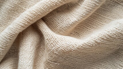 Cozy beige knitted fabric blanket with soft texture, creased and folded randomly. Neutral color for warm, inviting feel. Well-lit with natural look. Ideal for backgrounds or textures.