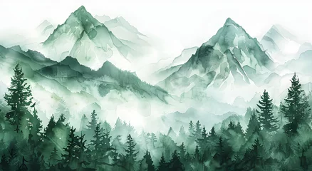 Poster Greens watercolor color watercolor abstract brush painting art beautiful mountains, peak with spruce trees. © lutsenko_k_