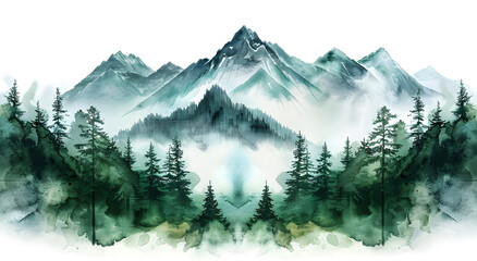 Greens watercolor color watercolor abstract brush painting art beautiful mountains, peak with spruce trees. - obrazy, fototapety, plakaty
