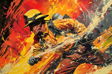Brave Firefighter in Action Battling Fierce Inferno, Artistic Illustration of Heroism