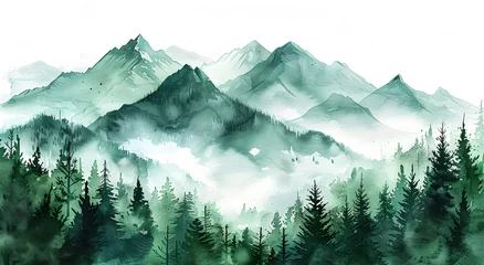 Tuinposter Greens watercolor color watercolor abstract brush painting art beautiful mountains, peak with spruce trees. © lutsenko_k_