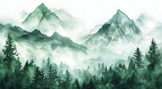 Greens watercolor color watercolor abstract brush painting art beautiful mountains, peak with spruce trees.