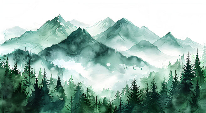 Greens watercolor color watercolor abstract brush painting art beautiful mountains, peak with spruce trees.