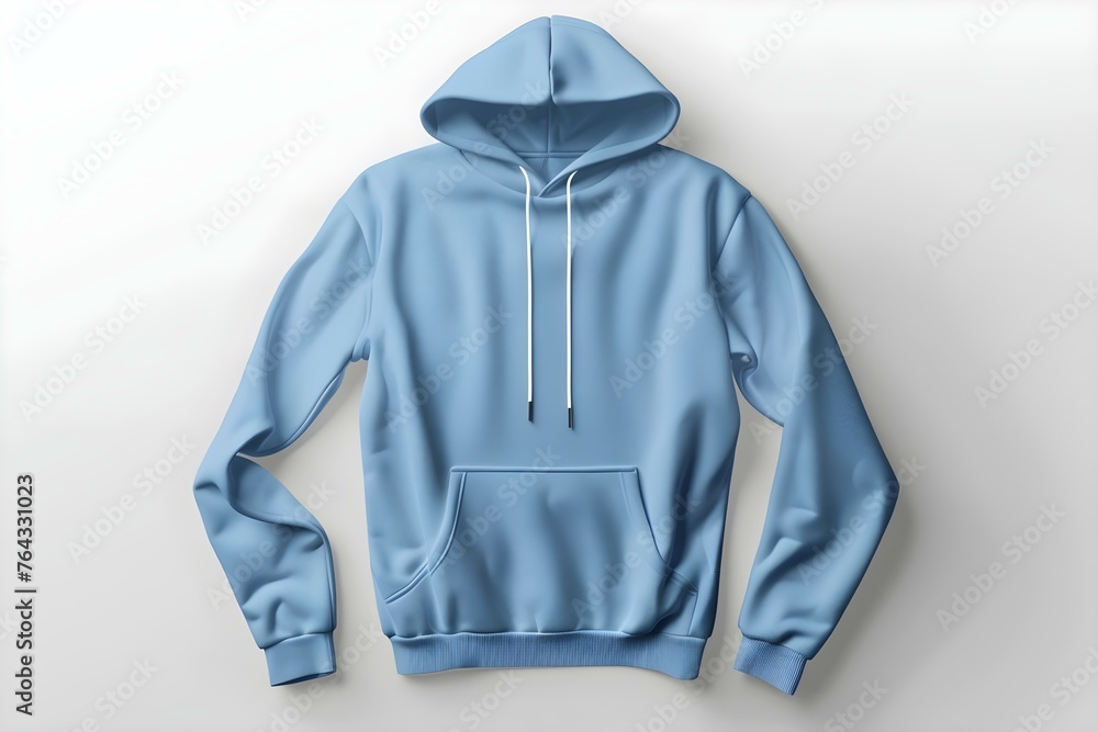 Poster Blank Blue Hoodie Mockup On White Background. Concept Blank Hoodie, Blue, Mockup, White Background