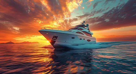 Gordijnen A yacht rushing in the ocean during sunset. © lutsenko_k_