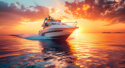 A yacht rushing in the ocean during sunset.