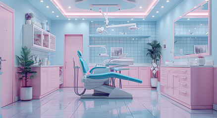 Modern interior of dental office with blue chair.