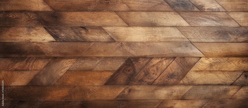 Poster capture a detailed view of a wooden floor featuring a complex and well-defined pattern of different 