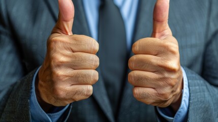 A man in a suit and tie giving thumbs up with his hands, AI