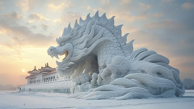 Chinese style dragon statue in winter snow scene, 3d rendering.
