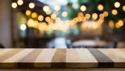 empty wooden table and blurred bokeh lights cafe background, mock up for display of product, montage your products
