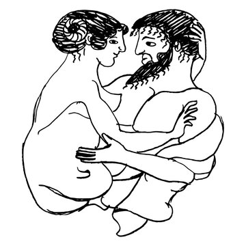 Antique lovers. Ancient Greek couple. Man and woman embracing. Ethnic vase painting style. Hand drawn linear doodle rough sketch. Black silhouette on white background.