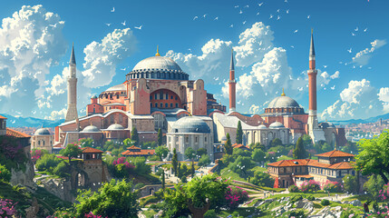 Hagia Sophia in Istanbul, Turkey. Hagia Sophia is a former Greek Orthodox patriarchal basilica (church) 3D rendering. - obrazy, fototapety, plakaty