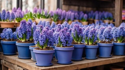 Fototapeta na wymiar Many blue violet flowering hyacinths in pots