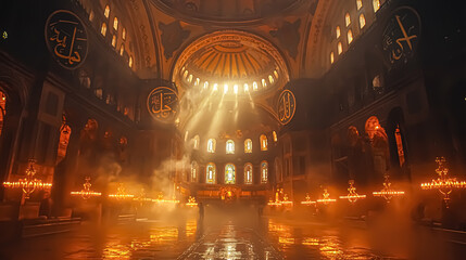 Interior of Hagia Sophia in Istanbul, Turkey. Hagia Sophia is a Greek Orthodox patriarchal basilica (church), later an imperial mosque, and now a museum.