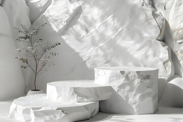 White stone nature product display podium platforms cosmetic placement studio platform 3d background