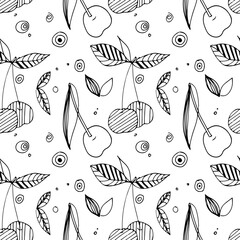 Seamless Cherry pattern. Decorative Cherry with leaf hand drawn doodle sketch. Linear berry. Natural abstract vector Food Repeated template for background, textile, wrapping paper, wallpaper.
