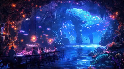 Underwater Bioluminescent Banquet: A Submarine Crew's Mesmerizing Dining Experience Beneath the Ocean Waves
