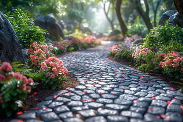 A charming cobblestone path winding through a blooming garden, inviting leisurely strolls and contemplation. Concept of a leisurely garden walk. Generative Ai. - obrazy, fototapety, plakaty