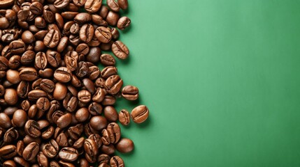 Close-up of a pile of roasted coffee beans isolated on a green background. The beans are dark brown and oily, and they are scattered in a random pattern. The background is a solid green color. - obrazy, fototapety, plakaty