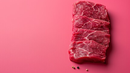 Fototapeta premium A piece of meat is cut into thin strips on a pink background, AI