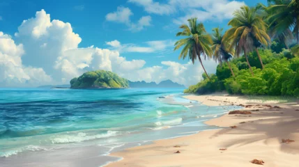 Foto op Canvas Sandy tropical beach with island on background © PatternHousePk