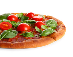 Delicious Pepperoni pizza with tomatoes and basil on white background